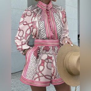 Printed Long Sleeve Top Loose Shorts Set